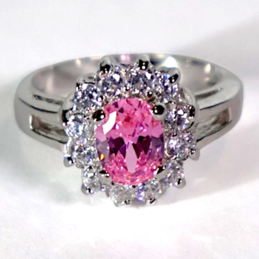 Pink Swarovski Crystal Halo Ring Sterling Silver Overlay Size 8 Oval Statement